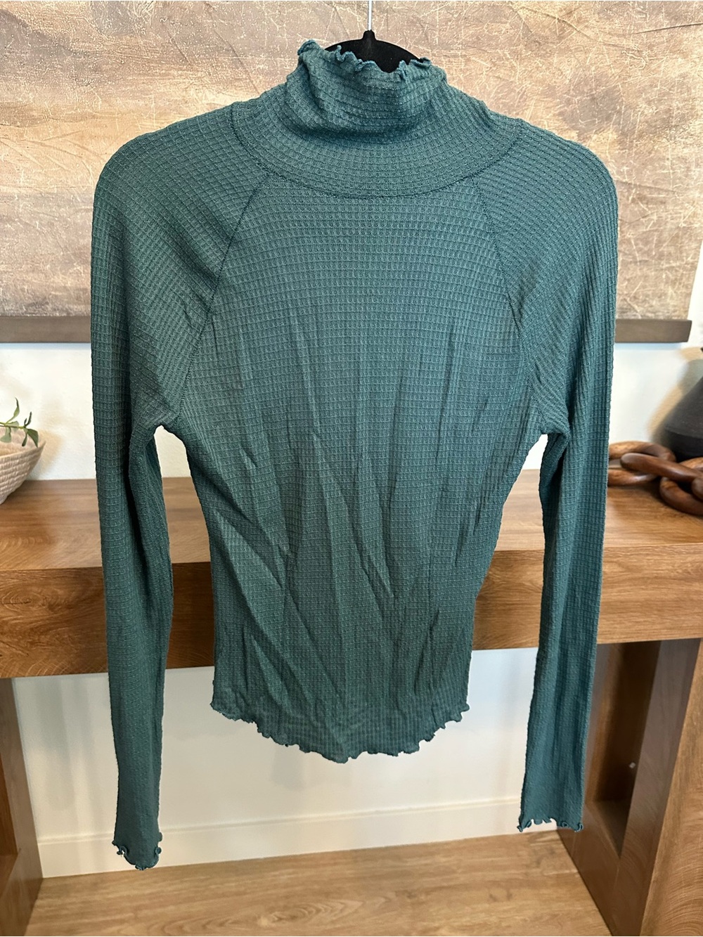 Free People Teal Green Ribbed Lettuce-Edge Mock Neck Top